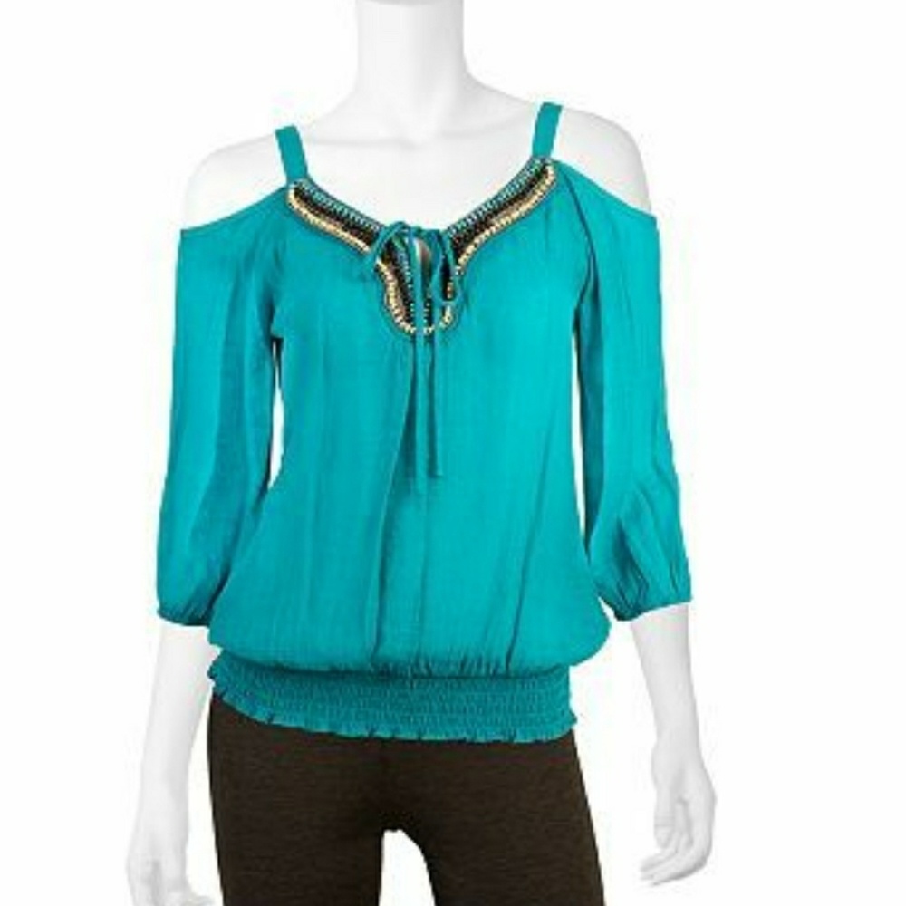 Iz Byer teal off shoulder top